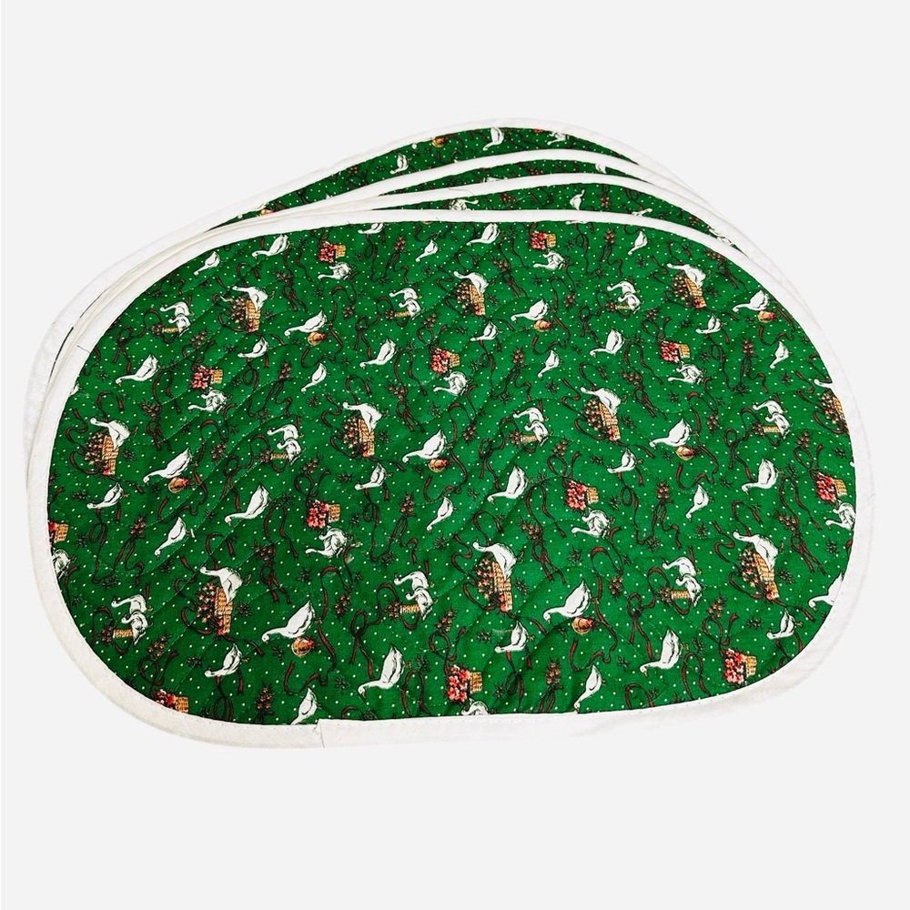 Vintage Handmade Christmas Green White Geese Flowers Bows Oval 4 Placemats Table